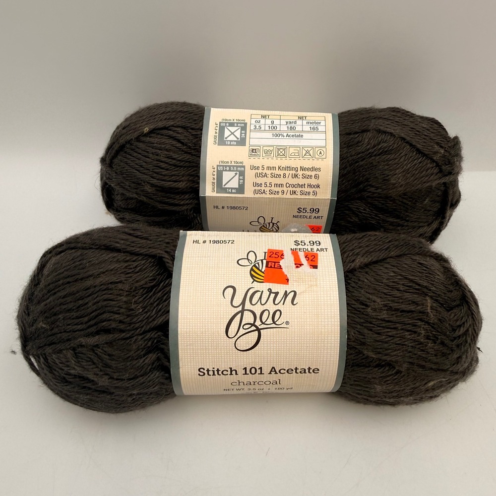 Yarn Bee Stitch 101 Acetate Charcoal Grey Medium 4 Yarn 2 Skeins Lot 112079